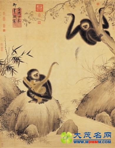 《戏猿图》，纸本设色，明代朱瞻基绘，台北故宫博物院藏。