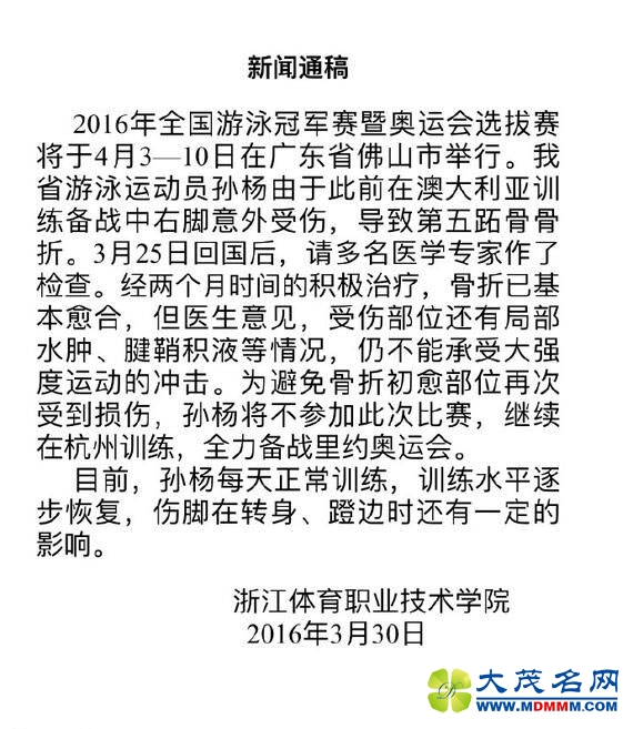 曝孙杨退出全国游泳冠军赛 将留在杭州备战奥运