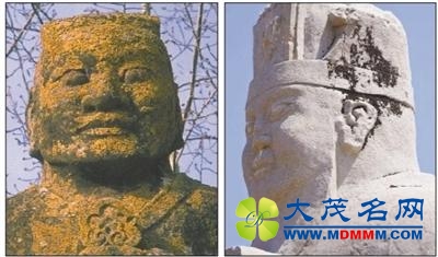 1986年的唐陵翁仲和2016年的唐建陵翁仲对比，黑色部分胡武功认为“没洗干净”供图/胡武功