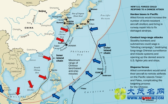资料图片：外媒绘制的中国东风21D导弹射程图。